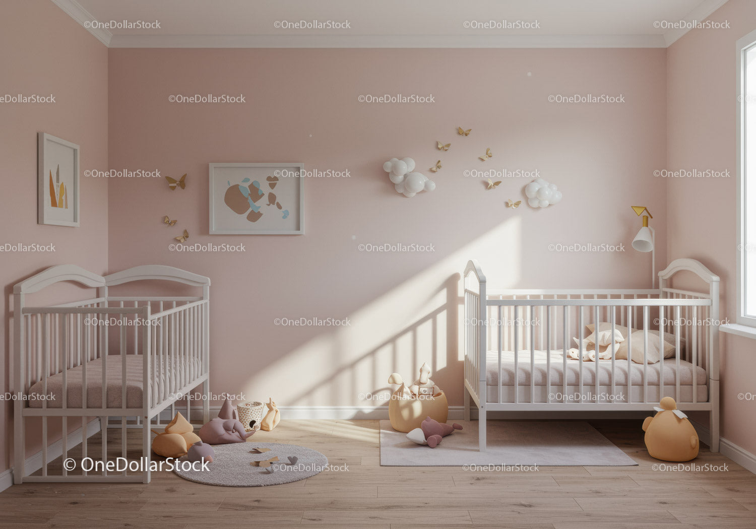 Cute Baby Nursery with Pink Wall and Cloud Wall Decor