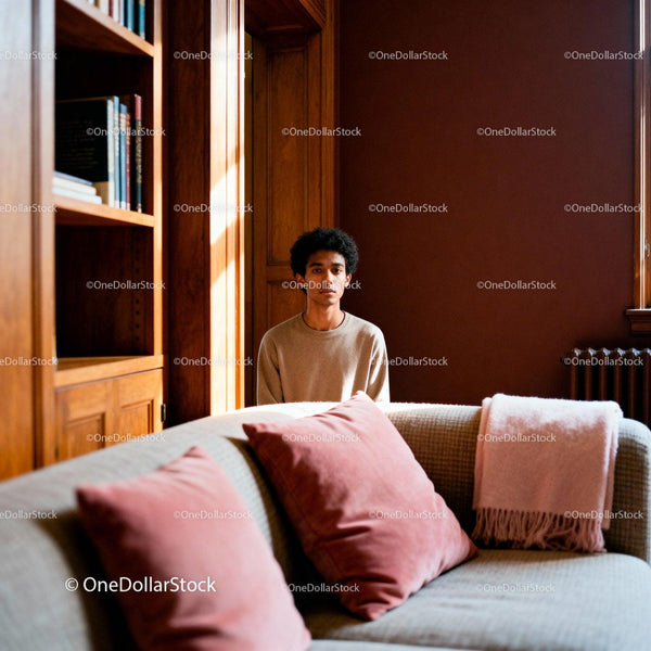 Young man sitting quietly in warm cozy living room
