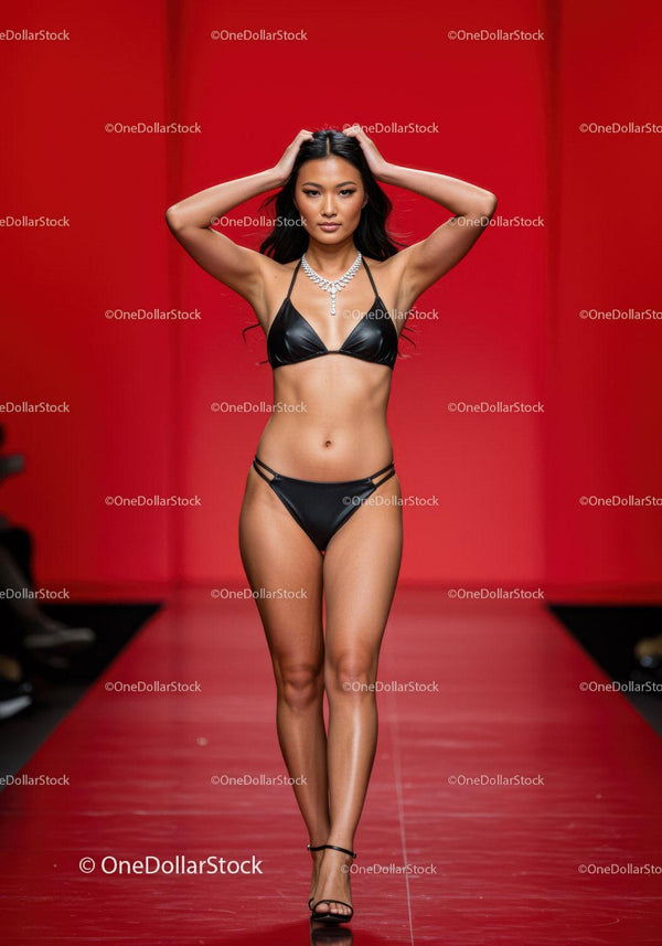 Modelka w czarnym bikini spacerująca po wybiegu na pokazie mody