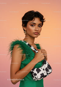 Elegant Woman in Green Dress with Cow Print Handbag and Feathered Accessories