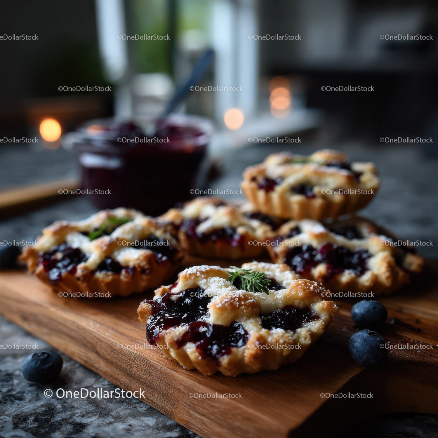 Blueberry Tart with Fresh Fruits on Rustic Wooden Board