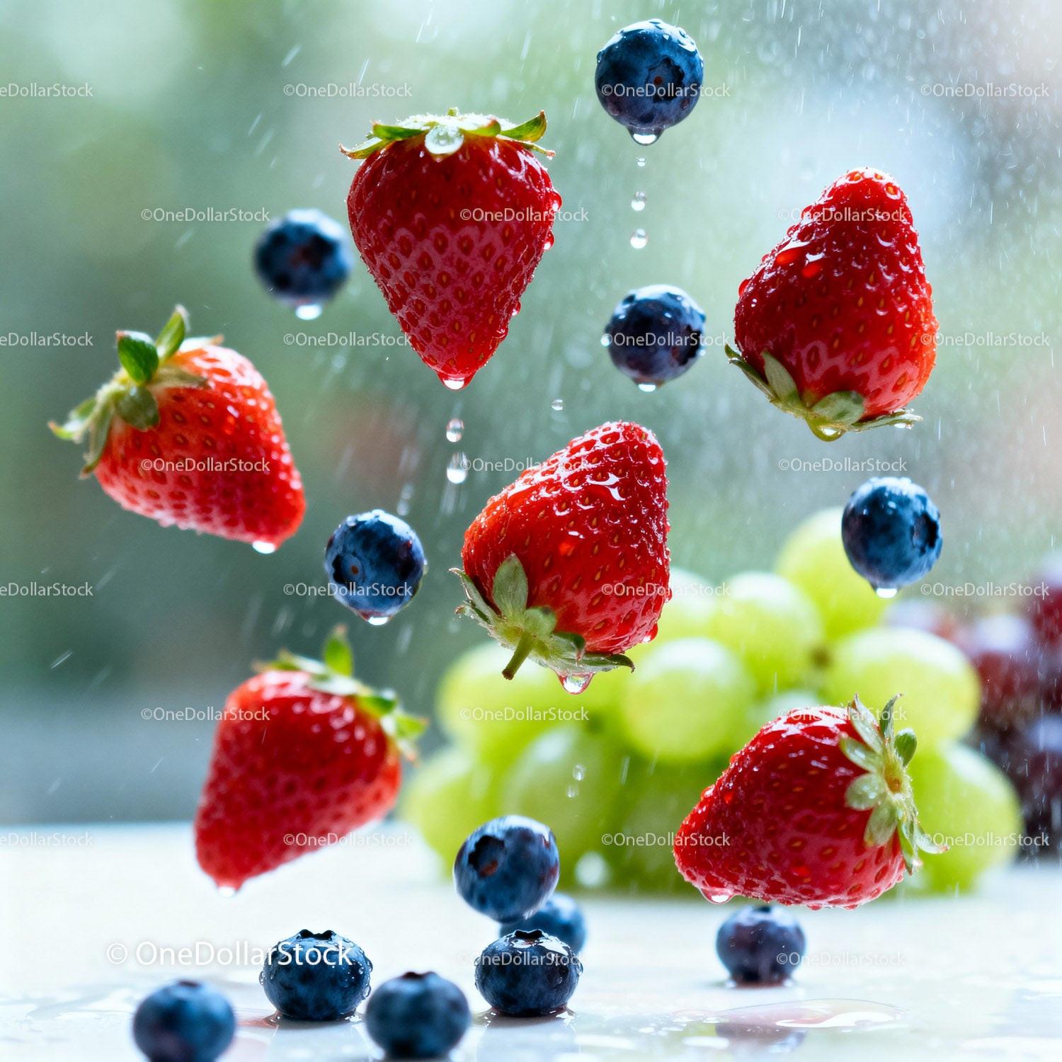 Fresh Strawberries and Blueberries with Water Drops