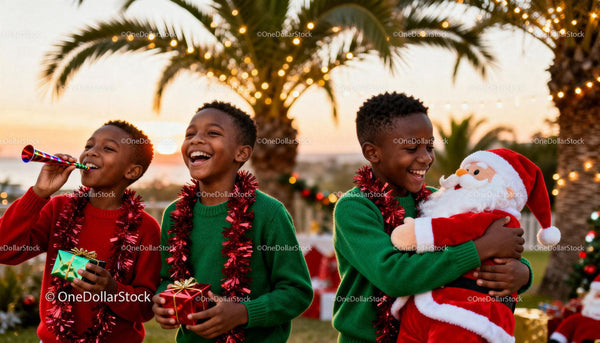 Joyful Kids Celebrating Christmas Outdoors at Sunset