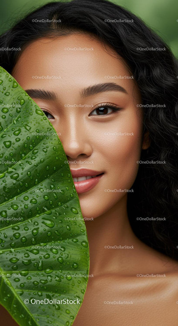 Portret kobiety z zielonym tropikalnym liściem i kroplami rosy