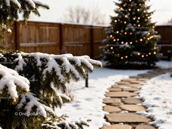 Snow-Covered Fir Branches Near Lit Outdoor Christmas Tree