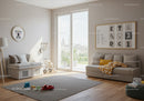 Bright Modern Living Room with Playful Toys and City View