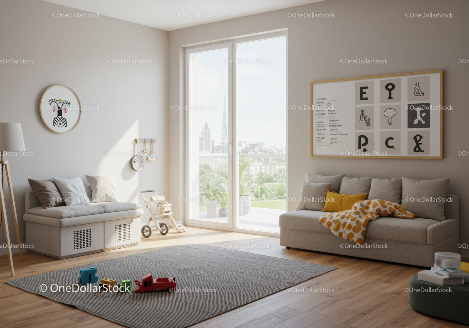 Bright Modern Living Room with Playful Toys and City View