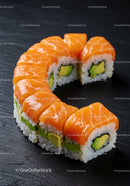 Fresh salmon and avocado sushi rolls on black slate