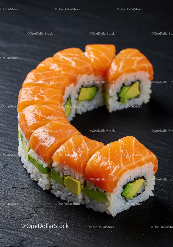 Fresh salmon and avocado sushi rolls on black slate
