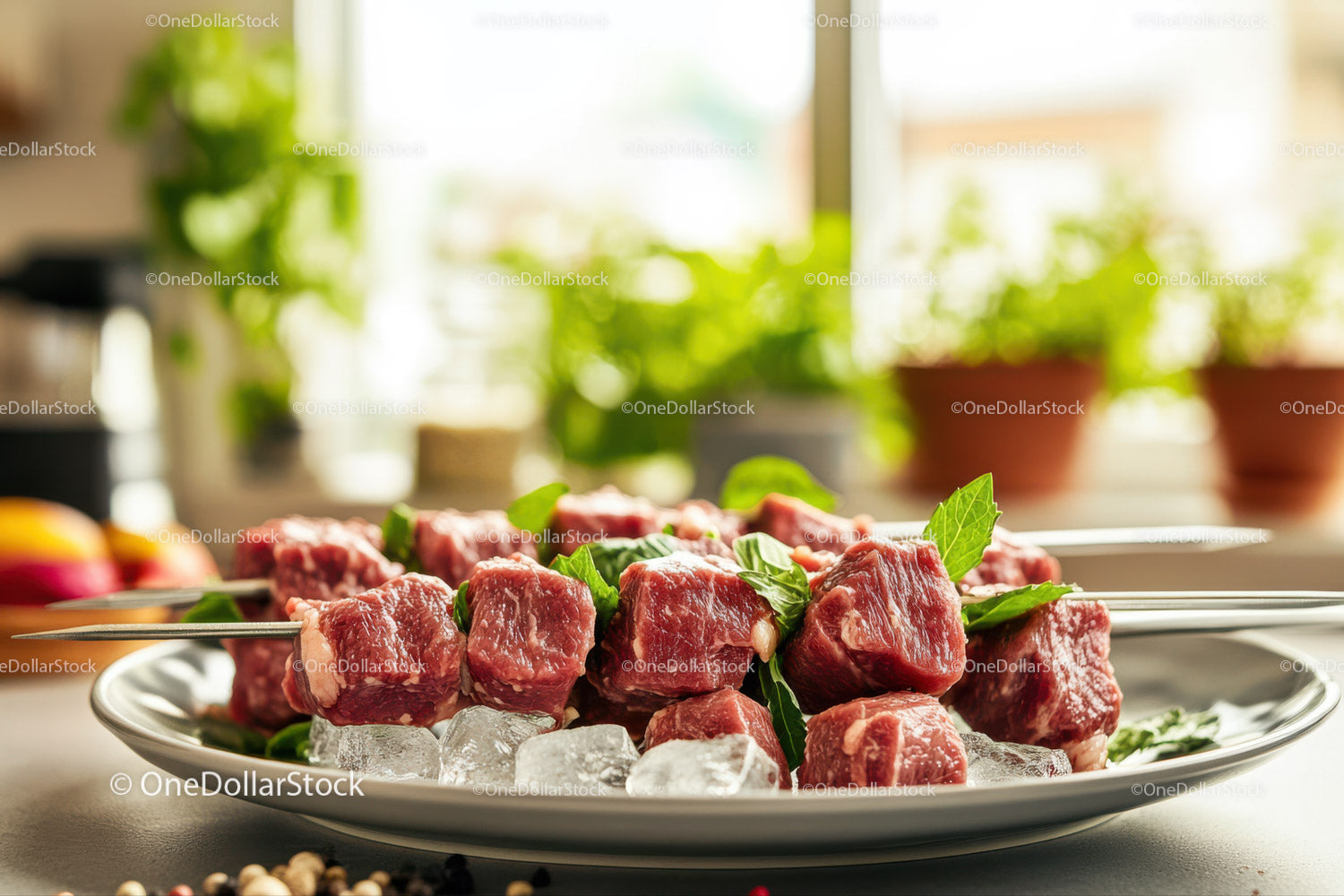 Fresh Raw Beef Skewers with Basil and Ice for Cooking or Grilling