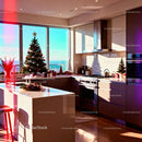 Modern Kitchen Decorated with Festive Christmas Trees