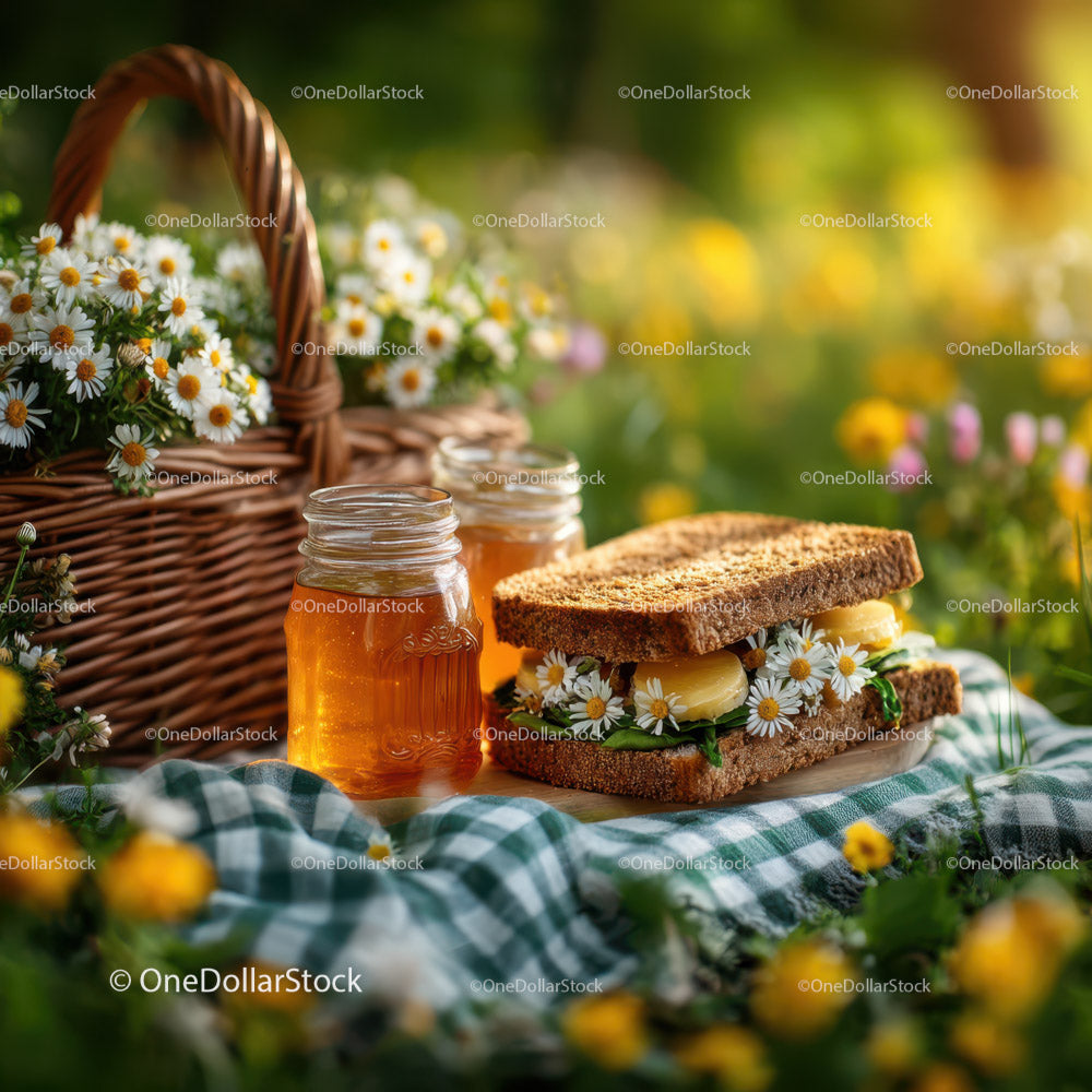 Delicious Sandwich with Daisies and Honey on a Summer Picnic