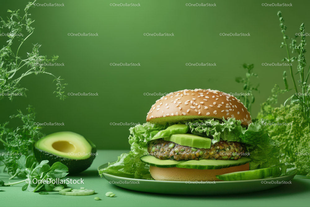 Zdrowy wegetariański burger ze świeżym awokado i chrupiącą sałatą