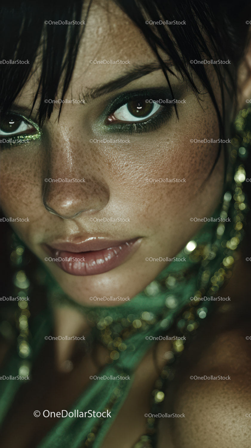Close-up of a Woman with Freckles and Green Eye Makeup