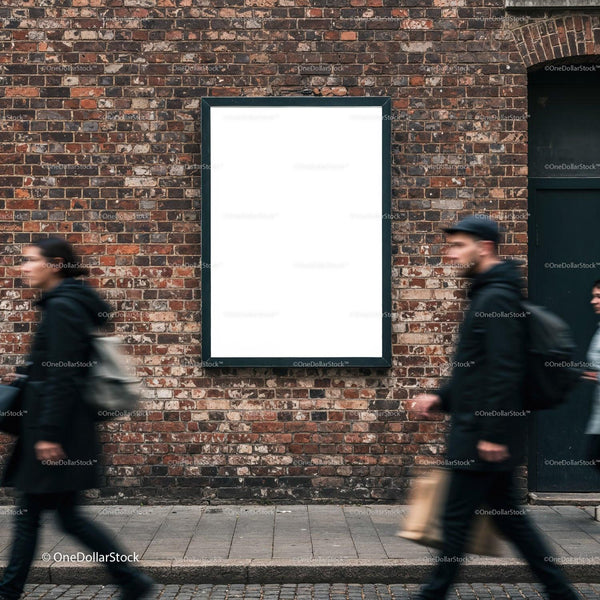 Urban street view with blank billboard on brick wall JPG Mockup Image