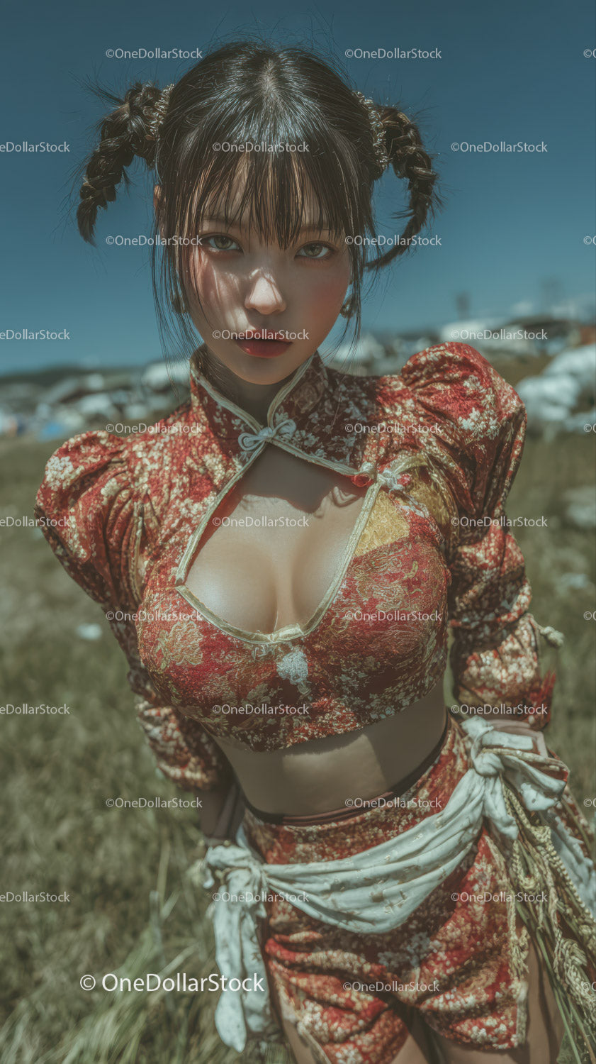 Młoda kobieta w kwiecistym czerwonym qipao na świeżym powietrzu, letni portret modowy
