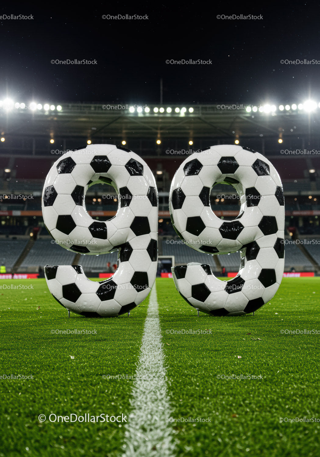 Numer 99 wykonany z piłek nożnych na boisku stadionowym