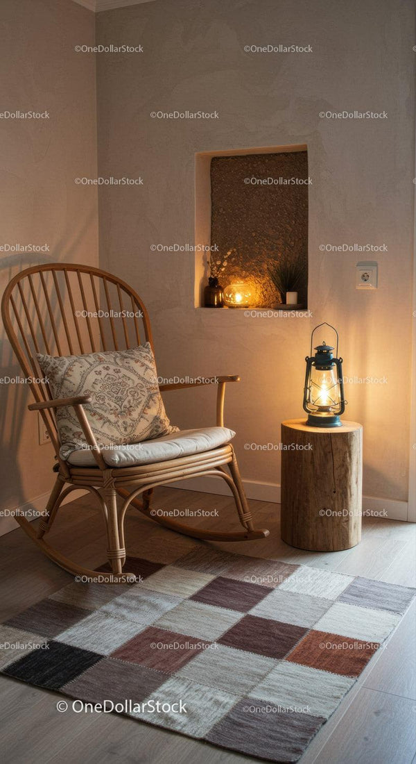 Cozy corner with rocking chair and warm lantern light