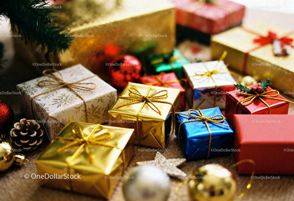 Colorful Christmas presents with festive decorations