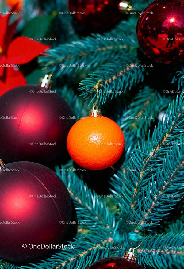 Close-up of Christmas tree with red and orange ornaments