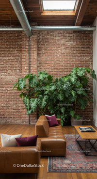 Modern Industrial Living Room with Large Monstera and Exposed Brick Wall