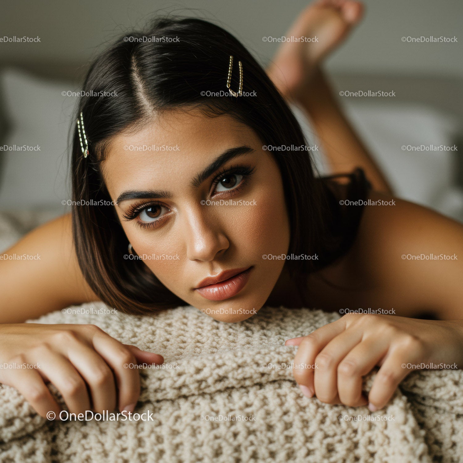 Portrait of a Young Woman with Stylish Hair Clips and Natural Makeup