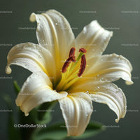 Close-Up of White Lily Flower with Dew Drops for Spring Floral Decor