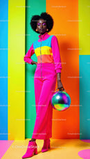 Fashion Model in Bright Pink Jumpsuit Against Rainbow Background