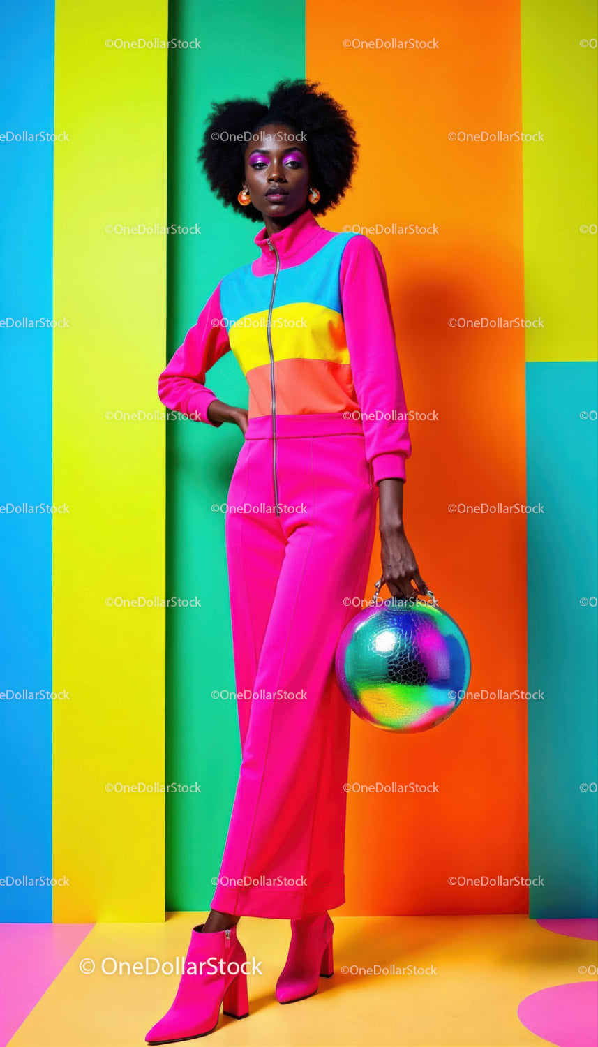 Fashion Model in Bright Pink Jumpsuit Against Rainbow Background