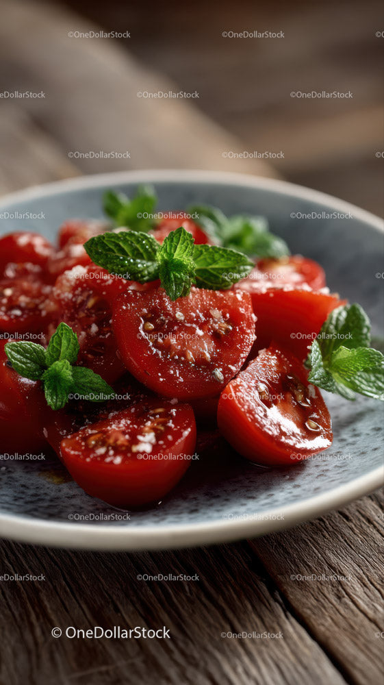 Fresh Cherry Tomatoes and Mint on Rustic Wooden Surface