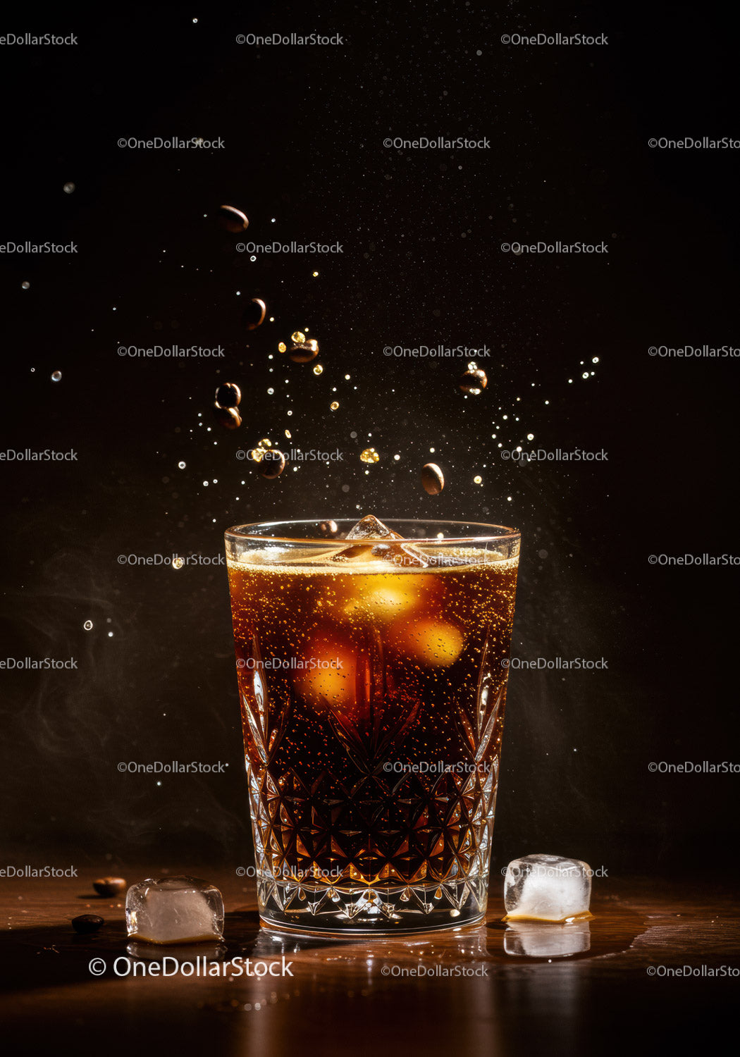 Chilled coffee with ice cubes and floating coffee beans
