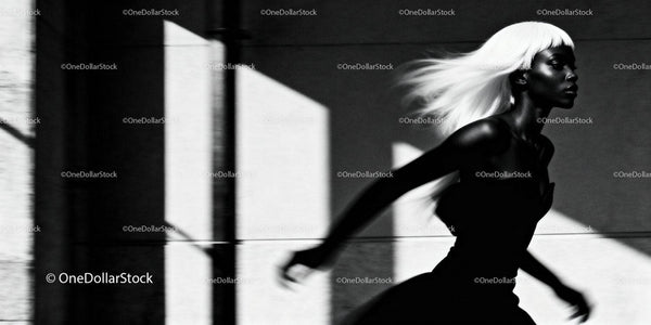 Dynamic silhouette of woman with flowing white hair