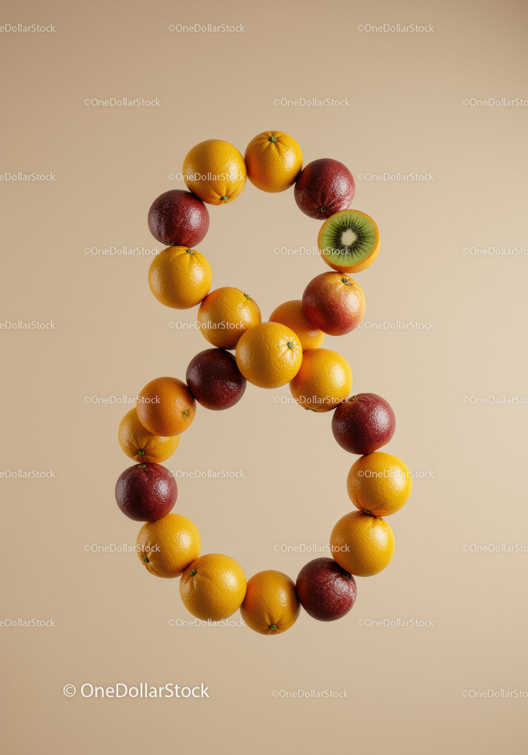 Creative composition of colorful citrus fruits shaped as number eight