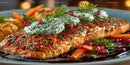 Fresh Grilled Salmon with Herb Cream Sauce and Vegetable Garnish