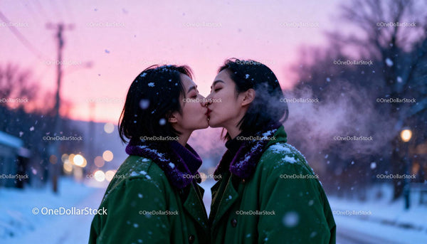 Couple Sharing a Tender Kiss in Snowy Winter Twilight
