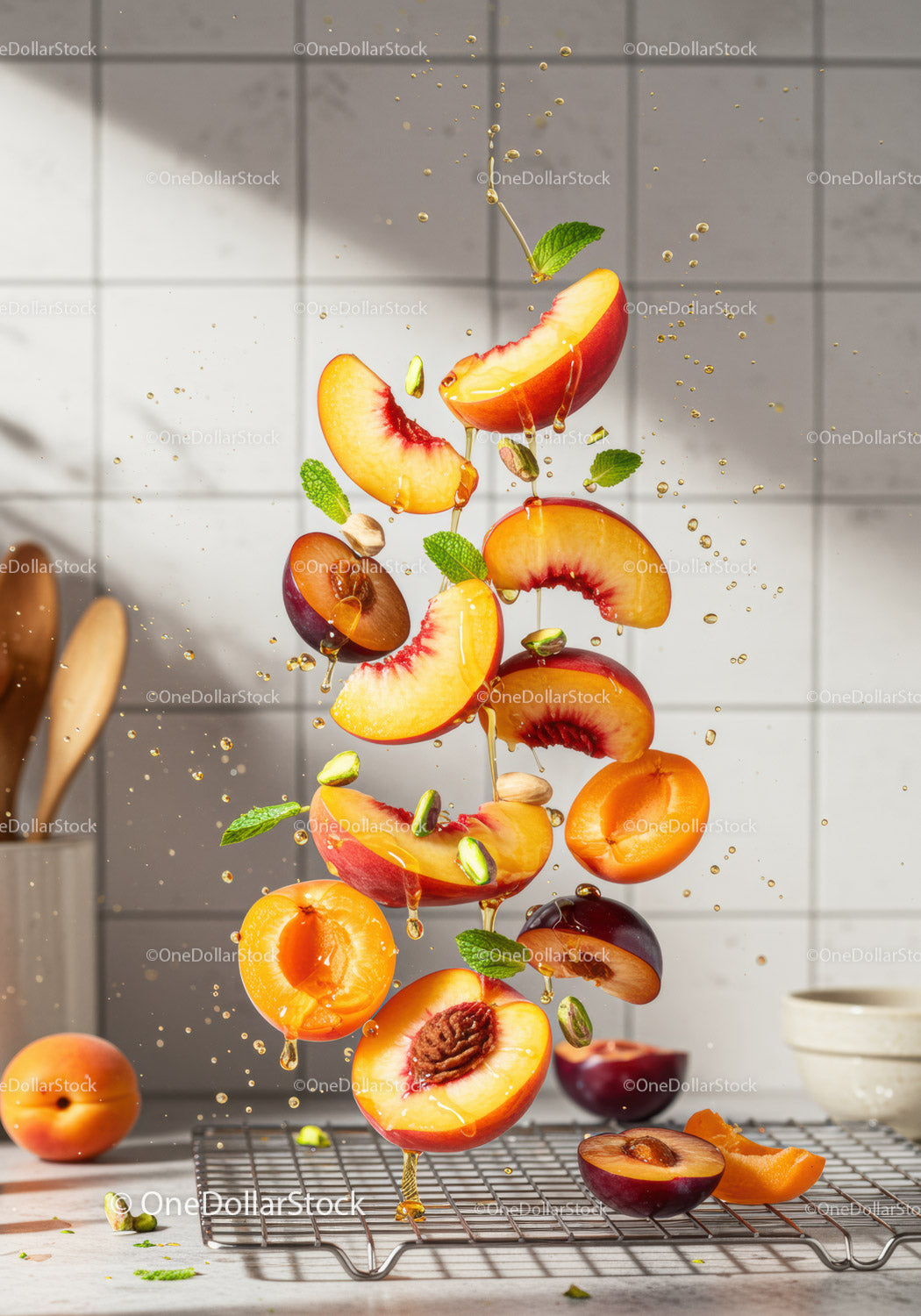 Fresh sliced peaches and plums in honey drizzle