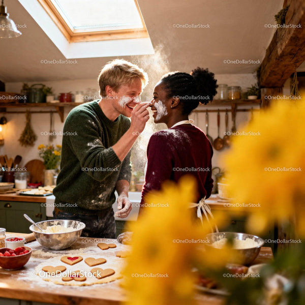 Couple Playfully Baking Heart-Shaped Cookies Together