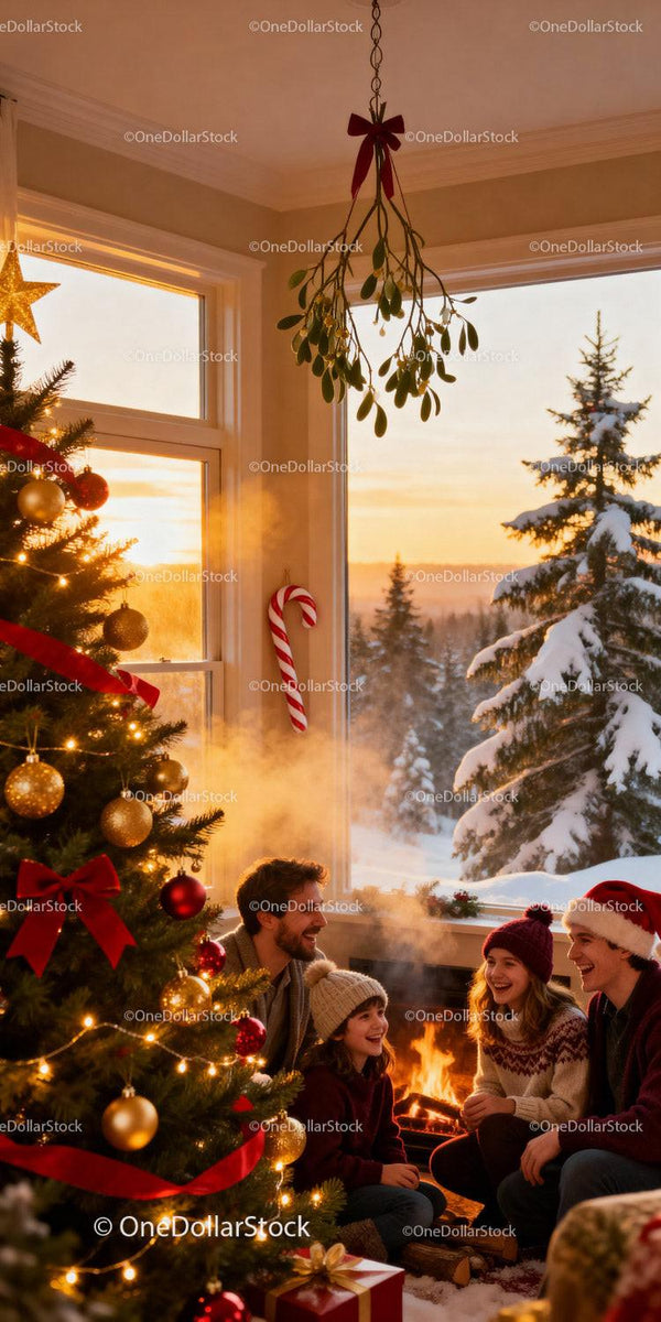 Family Enjoying Cozy Christmas by the Fireplace