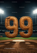 Baseball styled numbers 99 on baseball field at night