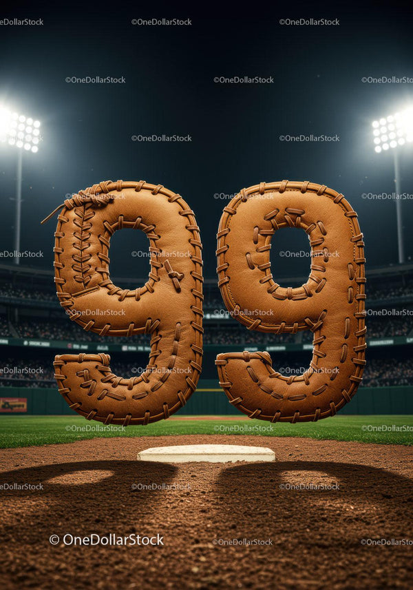 Baseball styled numbers 99 on baseball field at night