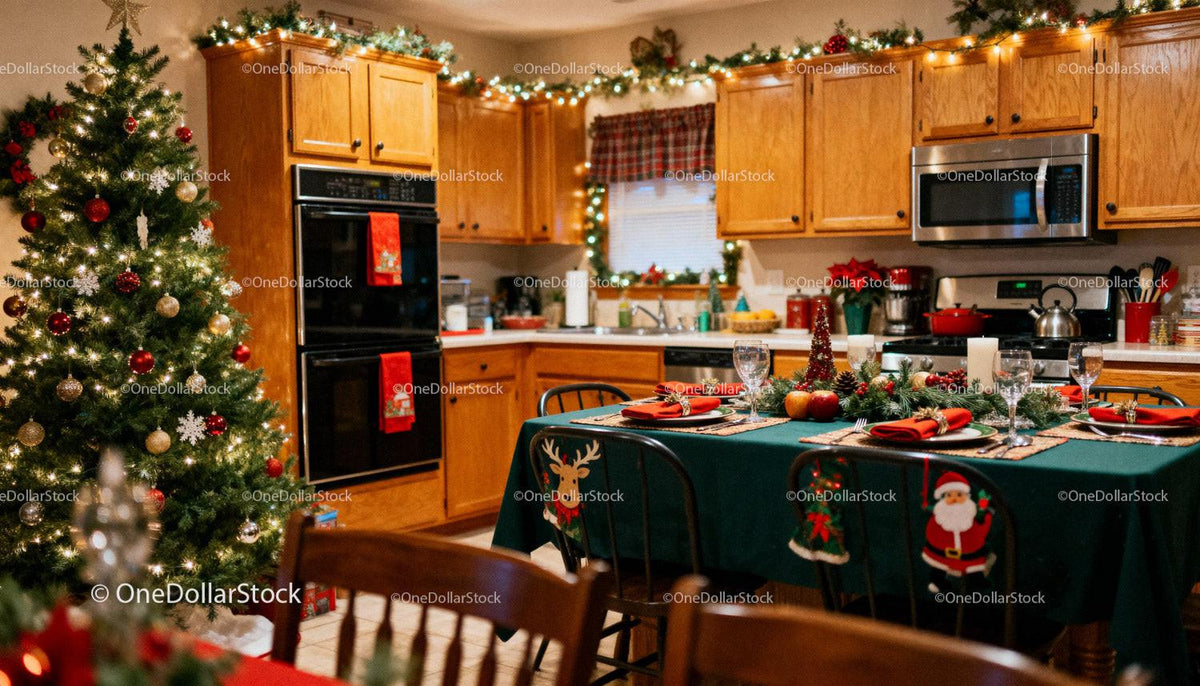 Cozy kitchen decorated for Christmas with festive table setting