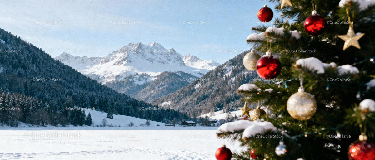 Snowy Mountain Landscape with Festive Christmas Tree