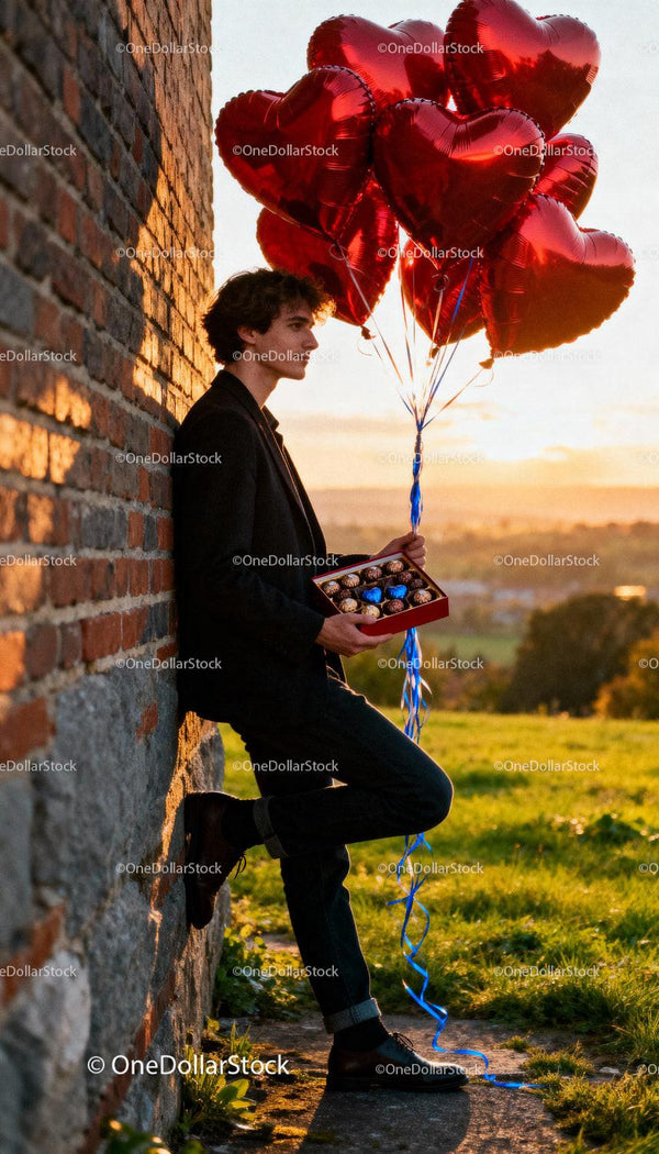 Young man holding heart balloons and chocolates outdoors