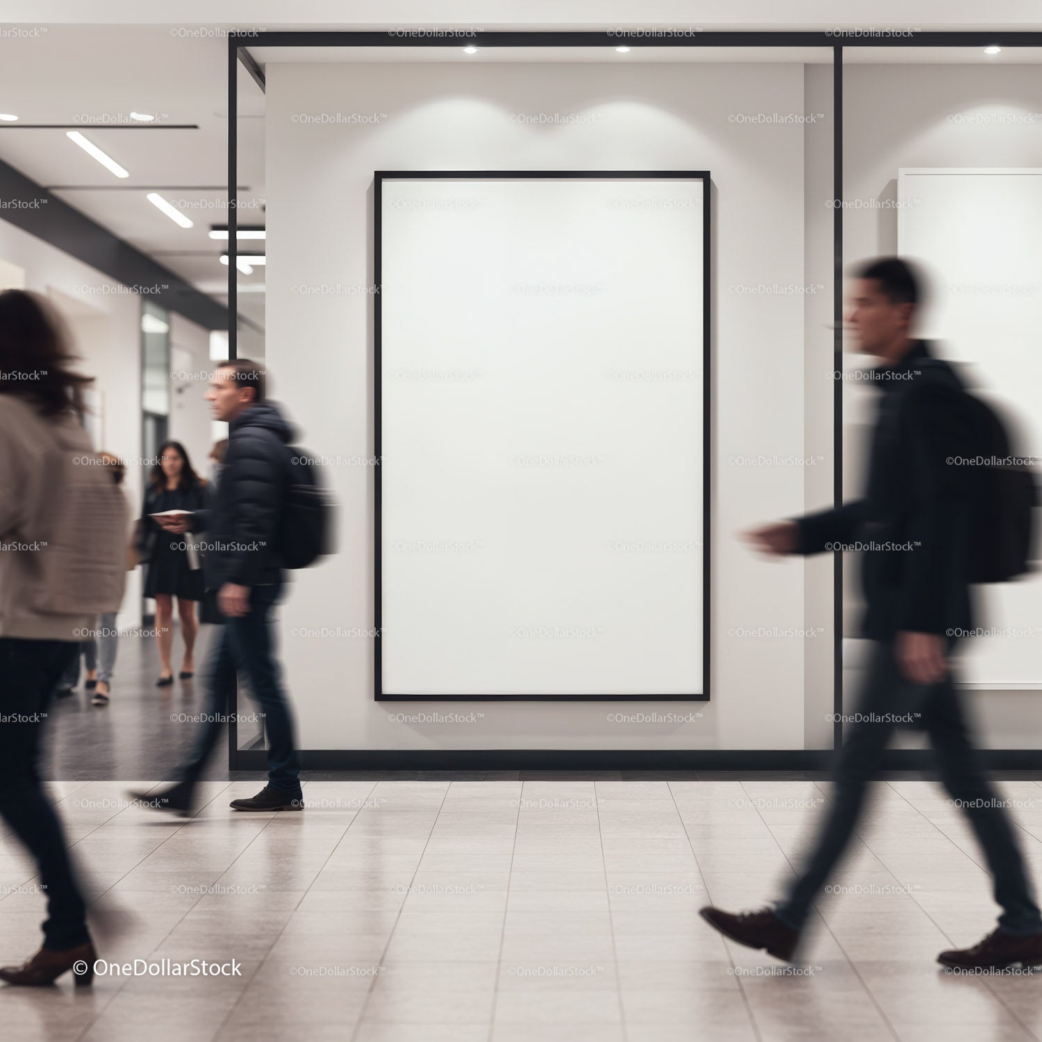People Walking Past Blank Poster in Modern Lobby