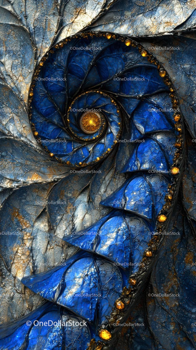 Abstract Blue and Gold Spiral Sea Shell Macro Photography