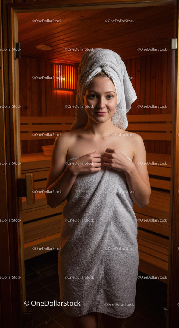 Młoda Kobieta Relaksująca się w Saunie z Ręcznikiem po Zabiegu SPA