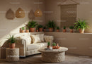 Cozy beige living room with lush green plants and natural light