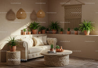 Cozy beige living room with lush green plants and natural light