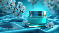 Refreshing Cosmetic Jar with Cherry Blossoms on Blue Silk