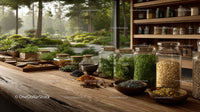Herbal Collection with Glass Jars of Dried Herbs and Spices